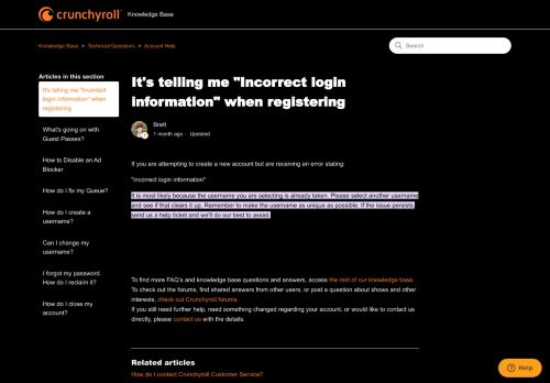 Crunchyroll Incorrect Login Information